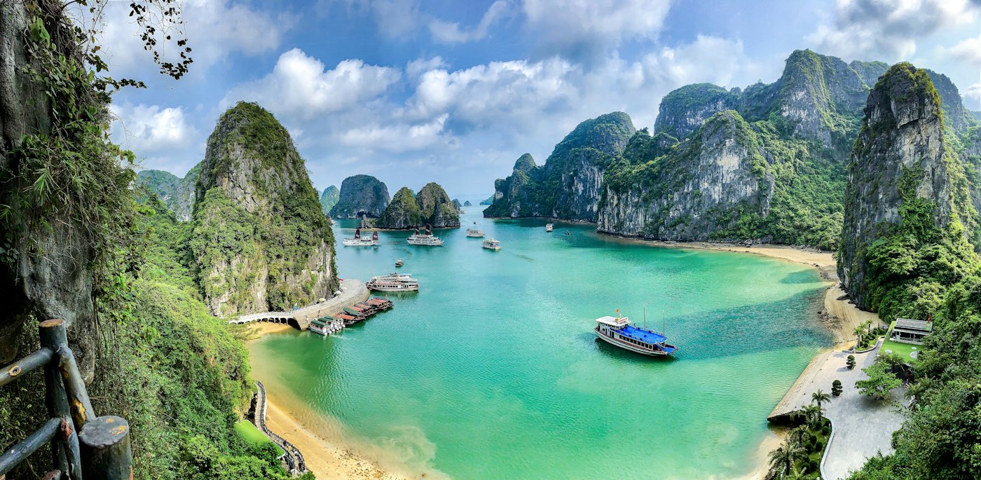 Boats among limestone islands in Ha Long Bay, Vietnam