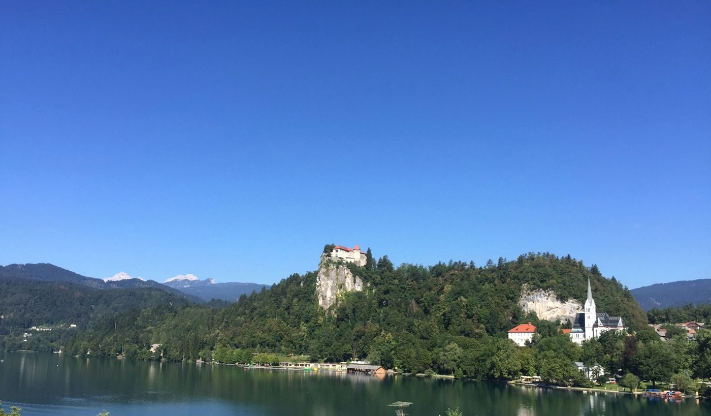 Bled Castle on its cliff above Lake Bled, Slovenia